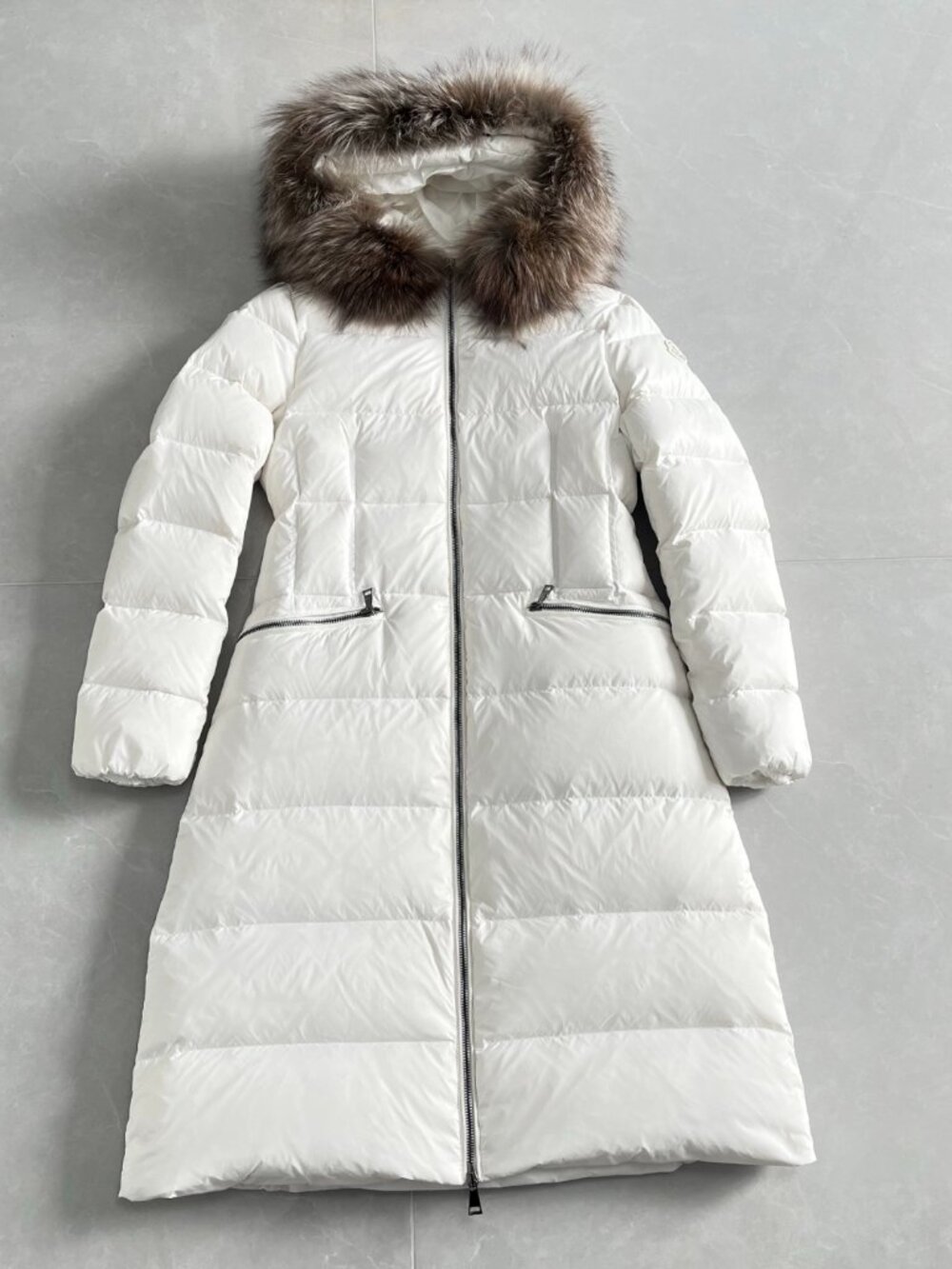 Moncler Long White Down Coat with Large Fur Collar